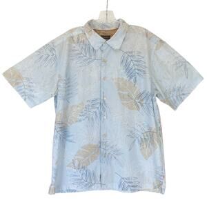 NWOT QUIKSILVER Shirt L Leaf Multicolor Short Sleeve Pocket Button Up Blue Beige